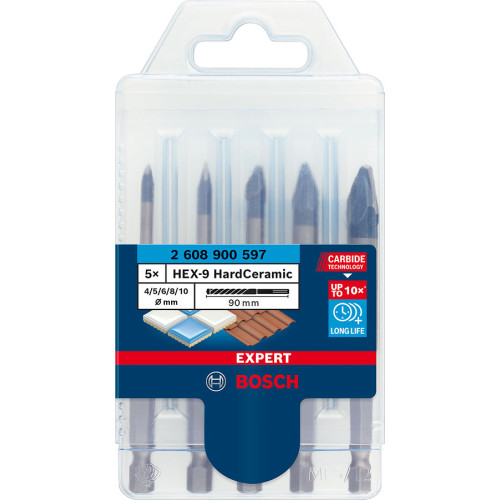 Свредлa за плочки BOSCH EXPERT HEX-9 HardCeramic, 4/5/6/8/10 mm - 5 бр.