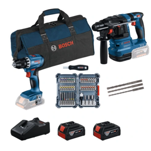Акумулаторен комплект BOSCH GSR 18V-45 + GBH 18V-22, GBA 18V 2x4,0Ah + GAL 18V-40 + битове и свредла Акумулаторен комплект BOSCH GSR 18V-45 + GBH 18V-22, GBA 18V 2x4,0Ah + GAL 18V-40 + битове и свредла